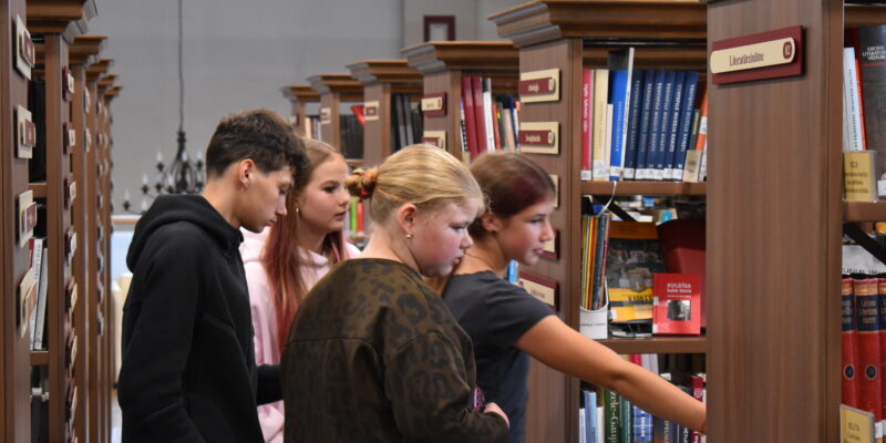 Četri jaunieši, divas meitenes un divi zēni, aplūko grāmatas koka grāmatu plauktos bibliotēkā. Meitene labajā pusē sniedzas pēc grāmatas, kas atrodas zemākā plauktā. Uz viena no plauktiem ir uzraksts "Literatūrmīlne".